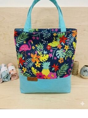 Tropical Floral Tote Bag in Aqua and Navy